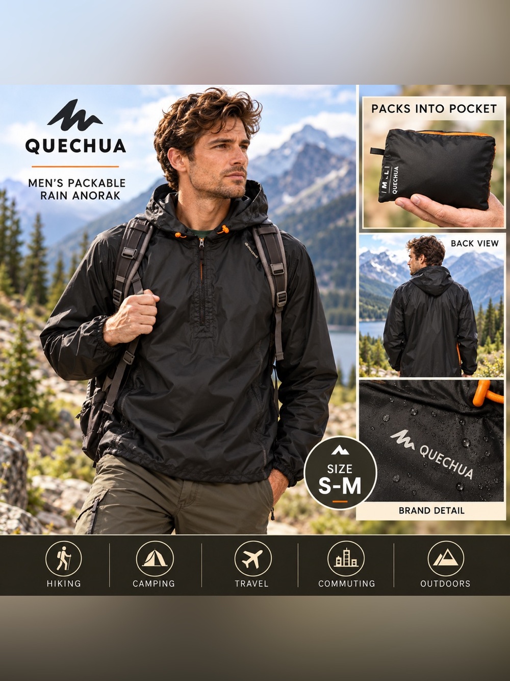 Quechua Men Black Packable Waterproof Rain Jacket Hooded Hiking Anorak size S-M